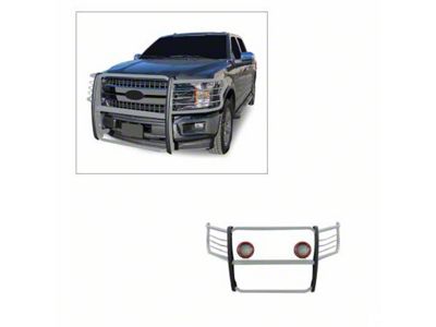 Modular Grille Guard with 5.30-Inch Red Round Flood LED Lights; Stainless Steel (15-23 F-150, Excluding PowerStroke & Raptor)