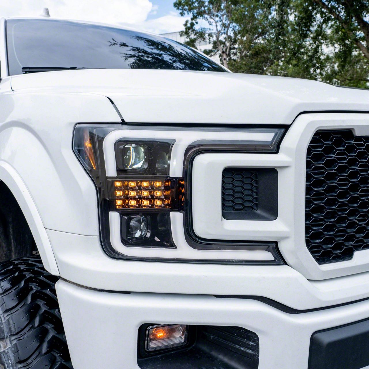 OLED DRL Projector Headlights with Switchback Turn Signals; Black Housing; Smoked Lens (18-20 F-150 w/ Factory Halogen Headlights)