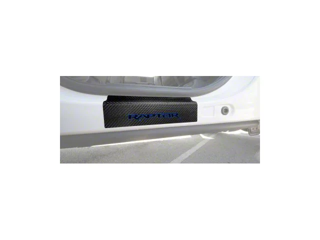 Rear Door Sill Protection with Raptor Logo; Raw Carbon Fiber; Black and Blue (15-24 F-150 SuperCrew)