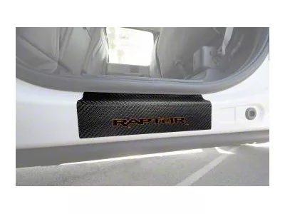 Rear Door Sill Protection with Raptor Logo; Raw Carbon Fiber; Black and Orange (15-25 F-150 SuperCrew)