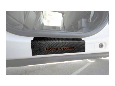 Rear Door Sill Protection with Raptor Logo; Raw Carbon Fiber; Black and Orange (15-24 F-150 SuperCrew)