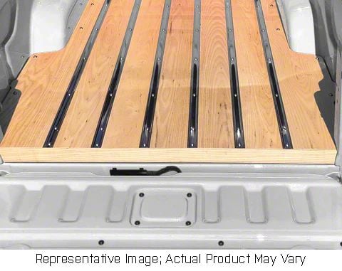 RETROLINER Real Wood Bed Liner; Red Oak Wood; HydroShine Finish; Polished Stainless Punched Bed Strips (21-24 F-150 w/ 5-1/2-Foot Bed)