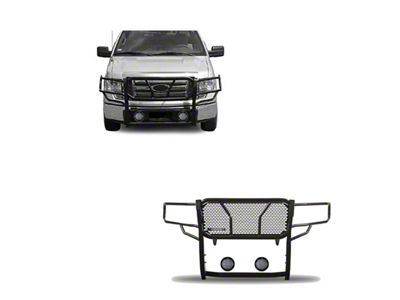 Rugged Heavy Duty Grille Guard with 5.30-Inch Black Round Flood LED Lights; Black (09-14 F-150, Excluding Raptor)