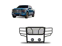 Rugged Heavy Duty Grille Guard with 5.30-Inch Black Round Flood LED Lights; Black (21-23 F-150, Excluding Powerstroke & Raptor)