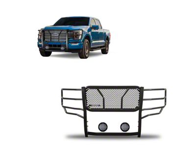 Rugged Heavy Duty Grille Guard with 5.30-Inch Black Round Flood LED Lights; Black (21-23 F-150, Excluding Powerstroke & Raptor)