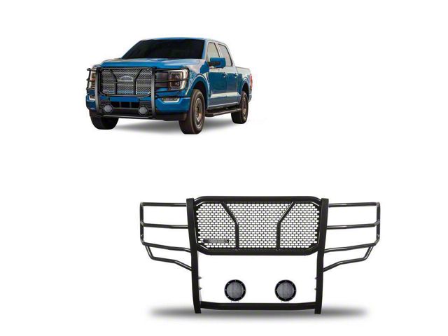 Rugged Heavy Duty Grille Guard with 5.30-Inch Black Round Flood LED Lights; Black (21-23 F-150, Excluding Powerstroke & Raptor)