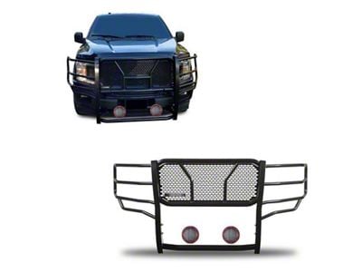 Rugged Heavy Duty Grille Guard with 5.30-Inch Red Round Flood LED Lights; Black (15-20 F-150, Excluding Powerstroke & Raptor)