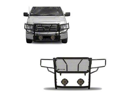 Rugged Heavy Duty Grille Guard with 7-Inch Black Round Flood LED Lights; Black (09-14 F-150, Excluding Raptor)