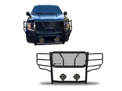 Rugged Heavy Duty Grille Guard with 7-Inch Black Round Flood LED Lights; Black (15-20 F-150, Excluding Powerstroke & Raptor)