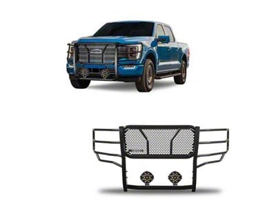 Rugged Heavy Duty Grille Guard with 7-Inch Black Round Flood LED Lights; Black (21-23 F-150, Excluding Powerstroke & Raptor)