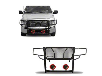 Rugged Heavy Duty Grille Guard with 7-Inch Red Round Flood LED Lights; Black (09-14 F-150, Excluding Raptor)