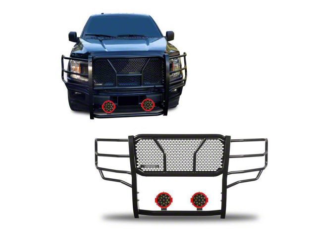 Rugged Heavy Duty Grille Guard with 7-Inch Red Round Flood LED Lights; Black (15-20 F-150, Excluding Powerstroke & Raptor)