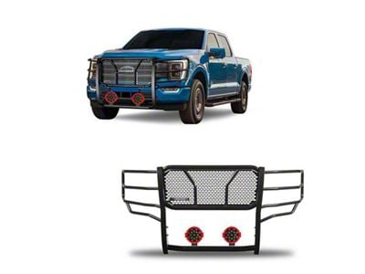 Rugged Heavy Duty Grille Guard with 7-Inch Red Round Flood LED Lights; Black (21-23 F-150, Excluding Powerstroke & Raptor)