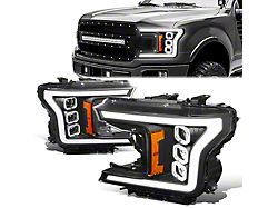 Triple Sequential LED DRL Projector Headlights with Amber Corners; Black Housing; Clear Lens (18-20 F-150 w/ Factory Halogen Headlights)