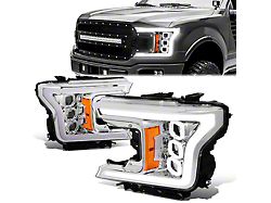 Triple Sequential LED DRL Projector Headlights with Amber Corners; Chrome Housing; Clear Lens (18-20 F-150 w/ Factory Halogen Headlights)