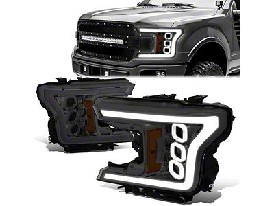 Triple Sequential LED DRL Projector Headlights with Amber Corners; Chrome Housing; Smoked Lens (18-20 F-150 w/ Factory Halogen Headlights)