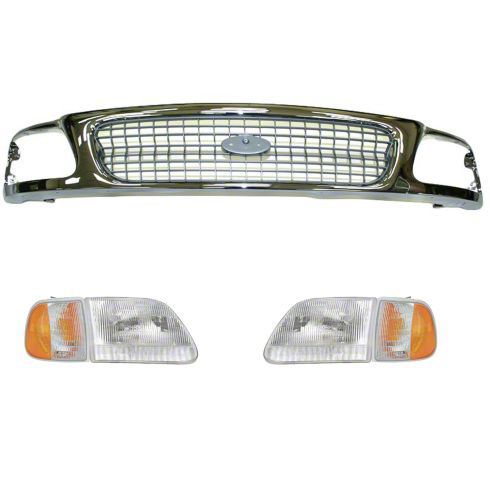 Upper Replacement Grille with Headlights; Chrome and Silver (97-98 F-150)