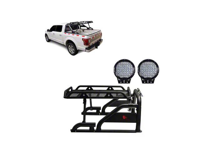Warrior Roll Bar with 9-Inch Black Round LED Lights; Black (00-24 F-150 Styleside)