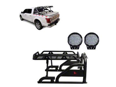 Warrior Roll Bar with 9-Inch Black Round LED Lights; Black (00-24 F-150 Styleside)