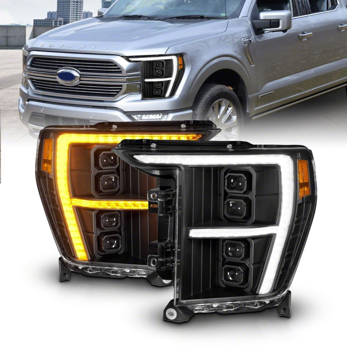 Z-Series Full LED Plank Projector Headlights with Initiation Feature; Black Housing; Clear Lens (21-23 F-150 w/ Factory Halogen Headlights)