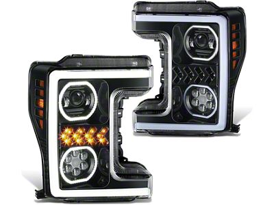 3D LED DRL Projector Headlights with Amber Corners; Black Housing; Clear Lens (17-19 F-250 Super Duty w/ Factory Halogen Headlights)