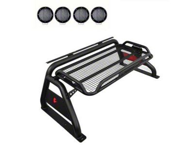 Atlas Roll Bar with 5.30-Inch Black Round Flood LED Lights and Basket; Black (11-24 F-250 Super Duty)