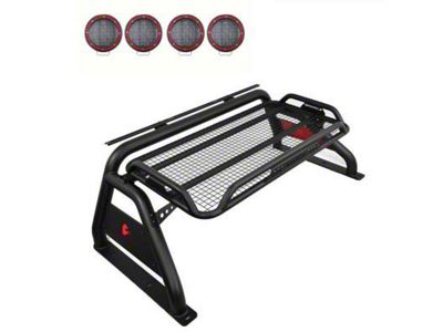 Atlas Roll Bar with 5.30-Inch Red Round Flood LED Lights and Basket; Black (11-24 F-250 Super Duty)