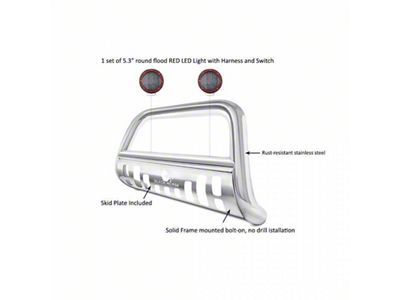 Bull Bar with 5.30-Inch Red Round Flood LED Lights; Stainless Steel (99-07 F-250 Super Duty)