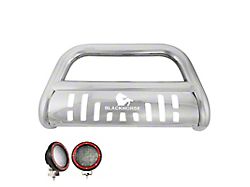 Bull Bar with Stainless Steel Skid Plate and 5.30-Inch Red Round Flood LED Lights; Stainless Steel (17-26 F-250 Super Duty)
