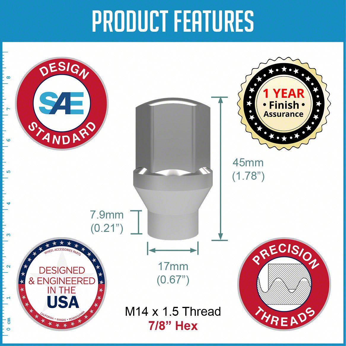 Set of 32 Chrome Spline Lug Nuts with Key 14x1.5 Thread 2 TALL