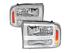 Euro Factory Style Headlights with Dual LED C-Bar and Amber Reflector; Chrome Housing; Clear Lens (99-04 F-250 Super Duty)