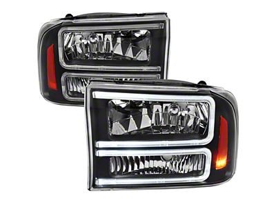 Euro Factory Style Headlights with Dual LED C-Bar and Amber Reflector; Matte Black Housing; Clear Lens (99-04 F-250 Super Duty)