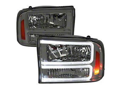 Euro Factory Style Headlights with Dual LED C-Bar and Amber Reflector; Chrome Housing; Smoke Lens (99-04 F-250 Super Duty)