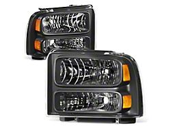 Factory Style Headlights with Amber Corner; Black Housing; Clear Lens (99-04 F-250 Super Duty w/o Factory Sealed Beam Headlights)