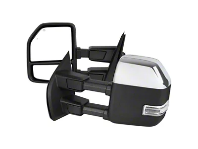 Powered Heated Manual Fold Towing Mirrors with Clear LED Turn Signals, Puddle Light and Auxiliary Light; Chrome (23-26 F-250 Super Duty)