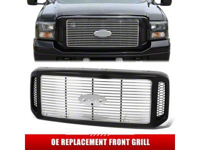 Horizontal Slat Style Upper Replacement Grille; Black with Chrome Slats (05-07 F-250 Super Duty)