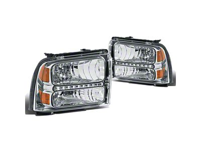 LED DRL Headlights with Amber Corner; Chrome Housing; Clear Lens (05-07 F-250 Super Duty)