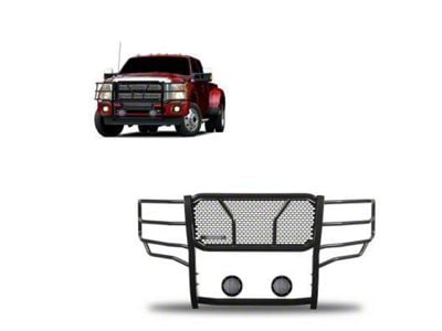Rugged Heavy Duty Grille Guard with 5.30-Inch Black Round Flood LED Lights; Black (11-16 F-250 Super Duty)