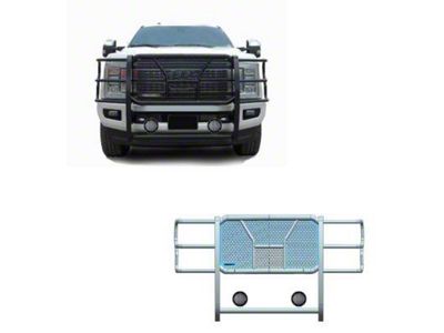 Rugged Heavy Duty Grille Guard with 5.30-Inch Black Round Flood LED Lights; Black (17-22 F-250 Super Duty)
