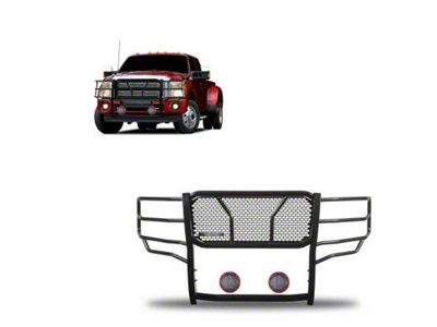Rugged Heavy Duty Grille Guard with 5.30-Inch Red Round Flood LED Lights; Black (11-16 F-250 Super Duty)