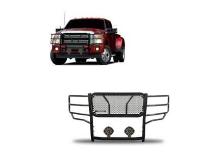 Rugged Heavy Duty Grille Guard with 7-Inch Black Round Flood LED Lights; Black (11-16 F-250 Super Duty)