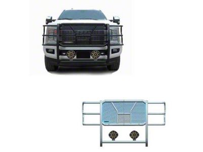 Rugged Heavy Duty Grille Guard with 7-Inch Black Round Flood LED Lights; Black (17-22 F-250 Super Duty)