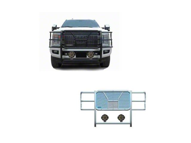 Rugged Heavy Duty Grille Guard with 7-Inch Black Round Flood LED Lights; Black (17-22 F-250 Super Duty)