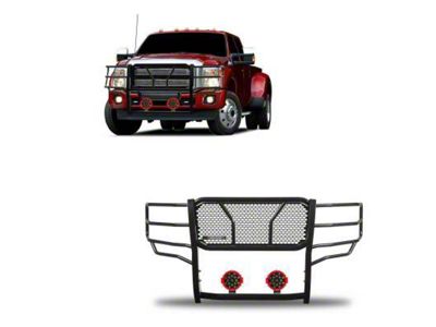 Rugged Heavy Duty Grille Guard with 7-Inch Red Round Flood LED Lights; Black (11-16 F-250 Super Duty)