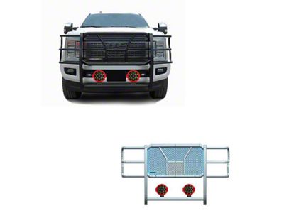 Rugged Heavy Duty Grille Guard with 7-Inch Red Round Flood LED Lights; Black (17-22 F-250 Super Duty)