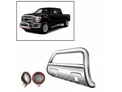 Savannah Bull Bar with 5.30-Inch Red Round Flood LED Lights; Stainless Steel (11-16 F-250 Super Duty)