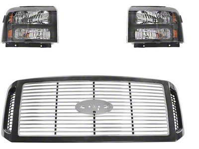 Upper Replacement Grille with Headlights; Black and Silver (05-07 F-250 Super Duty Harley Davidson)