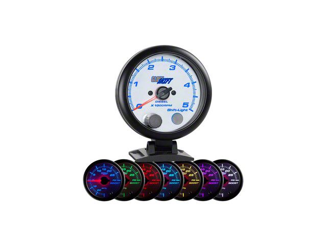 3-3/4-Inch On-Dash Diesel Tachometer Gauge; White 7 Color (Universal; Some Adaptation May Be Required)