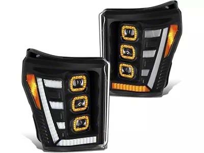 3D LED DRL Projector Headlights with Amber Corners; Black Housing; Clear Lens (11-16 F-350 Super Duty)