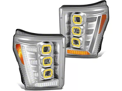 3D LED DRL Projector Headlights with Amber Corners; Chrome Housing; Clear Lens (11-16 F-350 Super Duty)